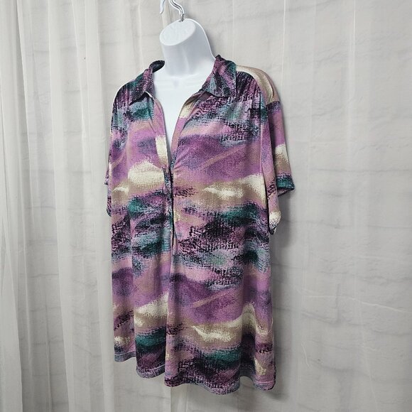 Alfani Purple Blue Abstract Polo Blouse Casual Retro Boho 3X - Picture 6 of 11